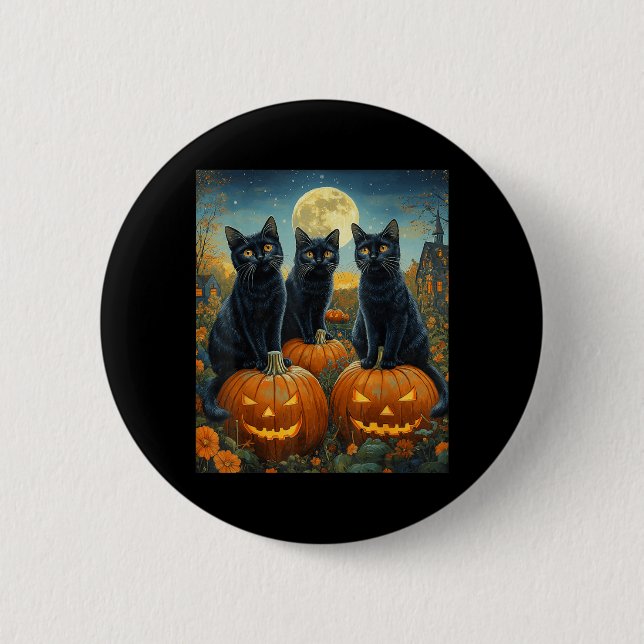 Halloween Moonlit Pumpkin Patch Black Cats 6 Cm Round Badge (Front)