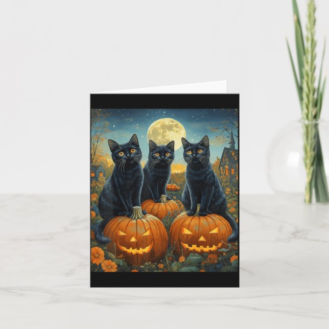 Halloween Moonlit Pumpkin Patch Black Cats Card (Front)