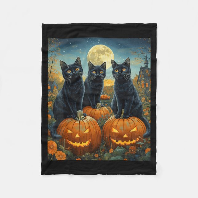 Halloween Moonlit Pumpkin Patch Black Cats Fleece Blanket (Front)