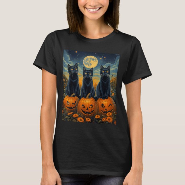 Halloween Moonlit Pumpkin Patch Black Cats T-Shirt (Front)