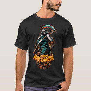 Halloween Motif  Black Death With Scythe  T-Shirt