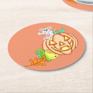 Halloween Mouse And Pumpkin Round Paper Coaster