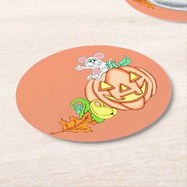 Halloween Mouse And Pumpkin Round Paper Coaster (Angled)