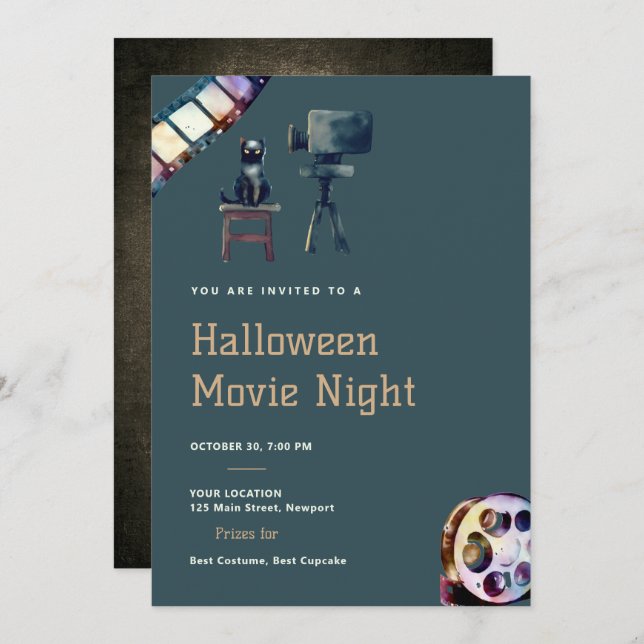 Halloween Movie Night Black Cat Projector Fun Dark Invitation (Front/Back)