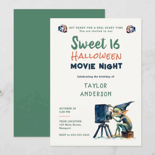 Halloween Movie Night Cute Gremlin Fun Sweet 16 Invitation (Front/Back)