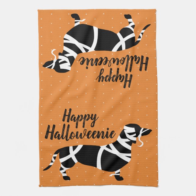 Halloween Mummy Dachshund Happy Halloweenie Tea Towel (Vertical)