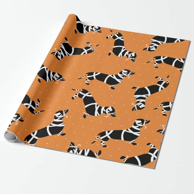 Halloween Mummy Dachshunds Wrapping Paper (Unrolled)
