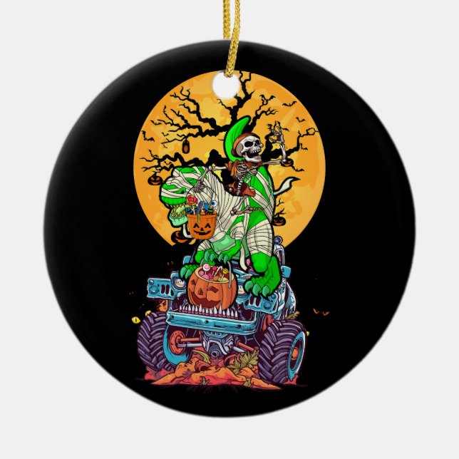 Halloween Mummy Dinosaur T rex Riding Monster Truc Ceramic Tree Decoration (Front)