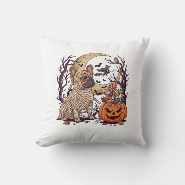 Halloween Mummy French Bulldog Pumpkin Candy Witch Cushion (Front)