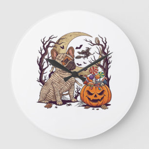 Halloween Mummy French Bulldog Pumpkin Candy Witch Large Clock