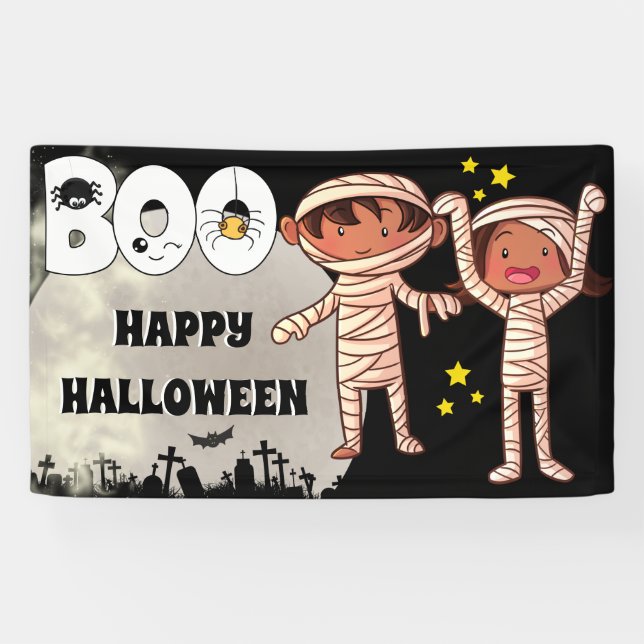 Halloween mummy kids graveyard boo full moon banner (Horizontal)