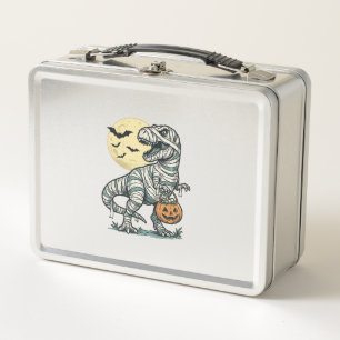 Halloween Mummy T-Rex Candy Bucket Vintage Vector_ Metal Lunch Box