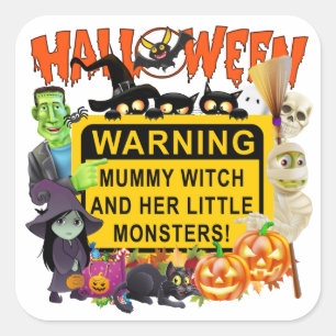 Halloween, Mummy Witch And Her Little Monsters Square Sticker