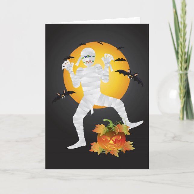 Halloween Mummy with Carved Pumpkin Greeting Card (Front)