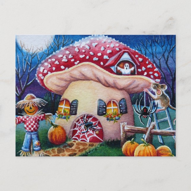 Halloween Mushroom Mouse House Spiders Watercolor Postcard (Front)