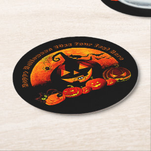 Halloween Name Year 20xx Glow Pumpkin Cat Web Round Paper Coaster