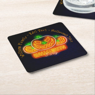 Halloween Name Year 20xx Neon Glow Look Pumpkin Square Paper Coaster