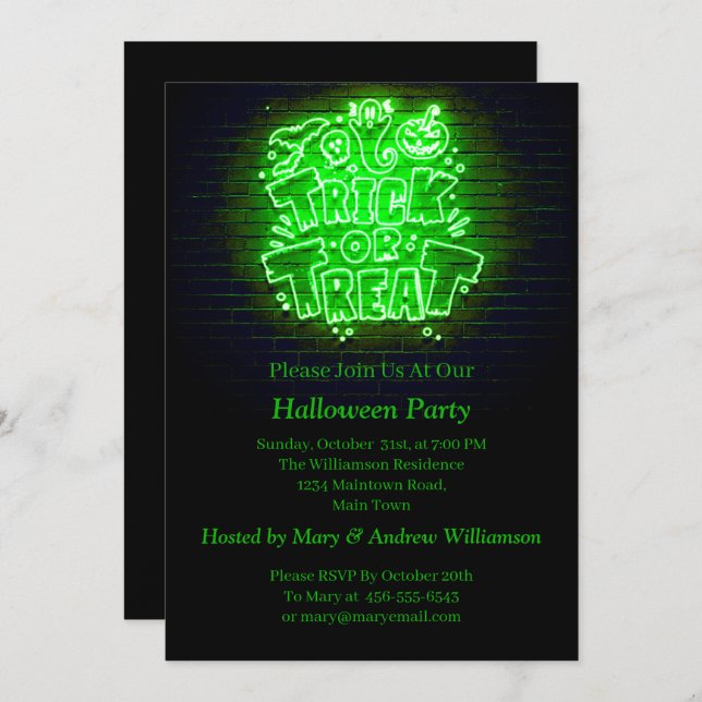 Halloween Neon Glow Look Green Trick Treat Party Invitation (Front/Back)