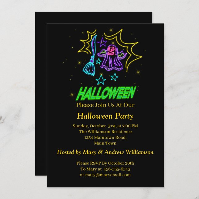 Halloween Neon Glow Look Purple Ghost Broom Party Invitation (Front/Back)