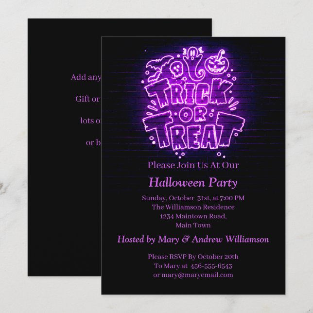 Halloween Neon Glow Look Purple Trick Treat Party Invitation (Front/Back)