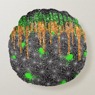 Halloween Neon Green Spiders Round Cushion