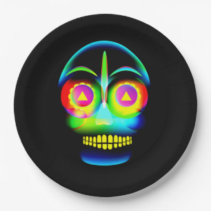 Halloween Neon Look Glow Blue Yellow Skull 9" Paper Plate