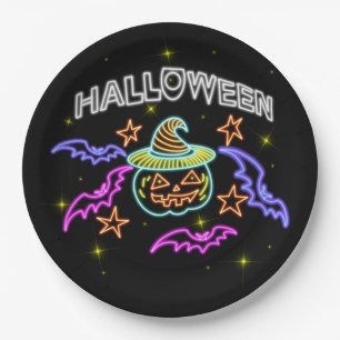 Halloween Neon Look Pumpkin Hat Bats Party 9" Paper Plate