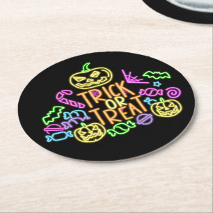 Halloween Neon Look Trick Treat Candy Party Round Paper Coaster