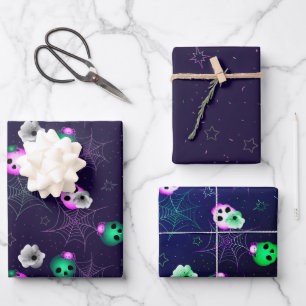 Halloween Neon Pink and Green Glowing Skulls Wrapping Paper Sheet