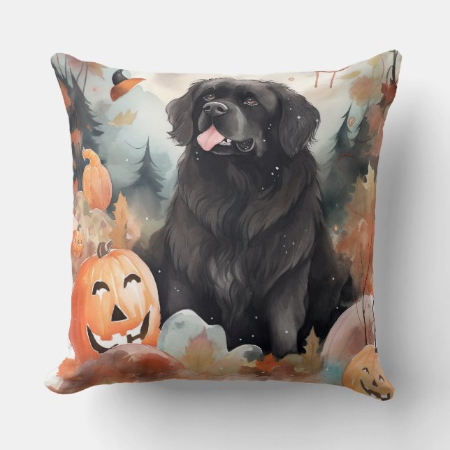 Halloween Newfoundland With Pumpkins Scary  Cushion (Front)