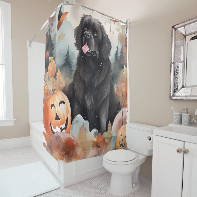Halloween Newfoundland With Pumpkins Scary  Shower Curtain (In Situ)