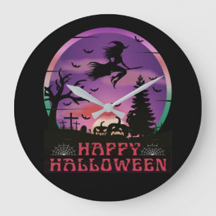 HALLOWEEN NIGHT GRAVEYARD WITCH LARGE CLOCK