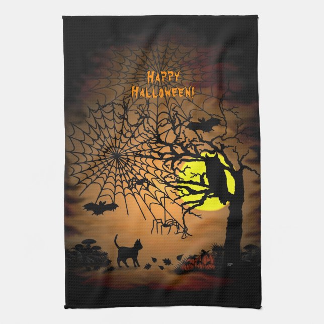 Halloween Night , Happy Halloween ! Tea Towel (Vertical)