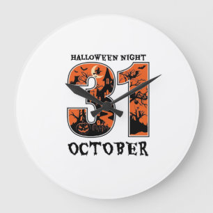 Halloween Night October Haunted House Witch Pumpki Large Clock