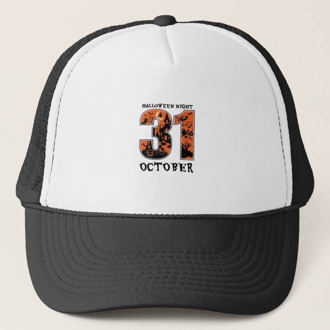 Halloween Night October Haunted House Witch Pumpki Trucker Hat (Front)