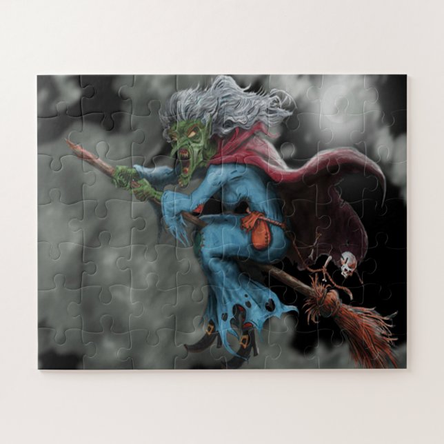 Halloween Night Scary Flying Witch Skull Jigsaw Puzzle (Horizontal)