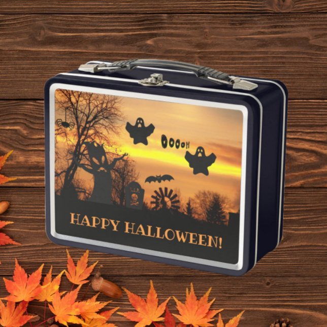 Halloween Night Scary Ghosts and Bats Scene Metal Lunch Box (In Situ)