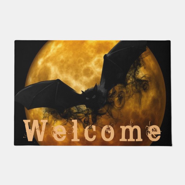 Halloween Night Sky Big Bat & Moon Decor 'Welcome' Doormat (Front)