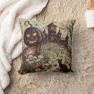 Halloween Night : The Scary Black Pumpkin Guards Cushion
