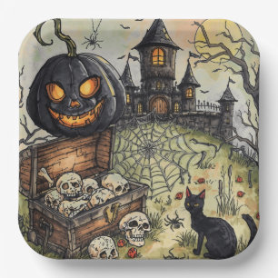 Halloween Night :The Scary Black Pumpkin Guards  Paper Plate
