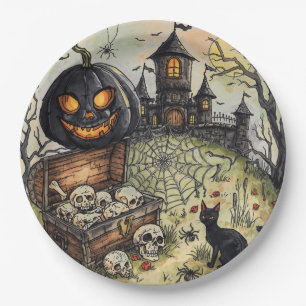 Halloween Night , The Scary Black Pumpkin Guards Paper Plate