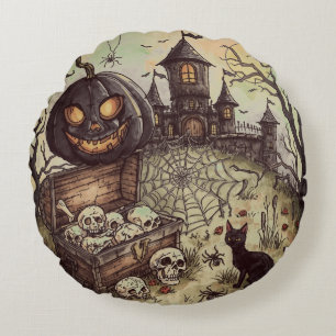 Halloween Night : The Scary Black Pumpkin Guards Round Cushion