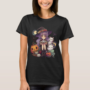 Halloween Night Time Young Witch Reading with Cats T-Shirt