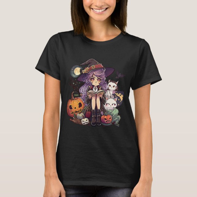 Halloween Night Time Young Witch Reading with Cats T-Shirt (Front)