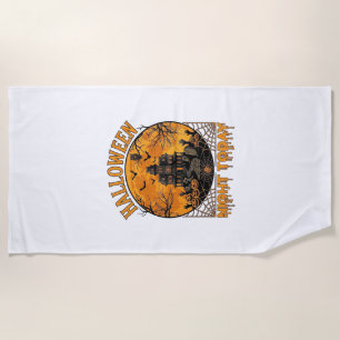 Halloween Night Today Haunted Mansion Pumpkins Owl Beach Towel