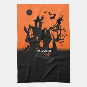 Halloween Night Witch and Bats Hunted House Tea Towel