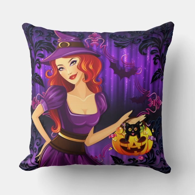 Halloween Night Witch Pumpkin And Black Cat Cushion (Front)
