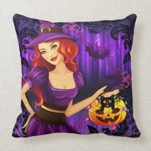 Halloween Night Witch Pumpkin And Black Cat Cushion