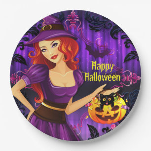 Halloween Night Witch Pumpkin And Black Cat Paper Plate