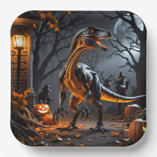 Halloween Night With A Velociraptor Paper Plate